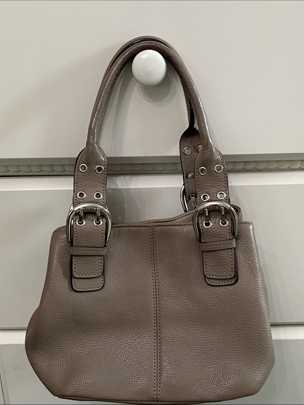 Taupe Pebbled Leather Purse Bag w/Silver Buckle Accents.Very Gently Used & Loved